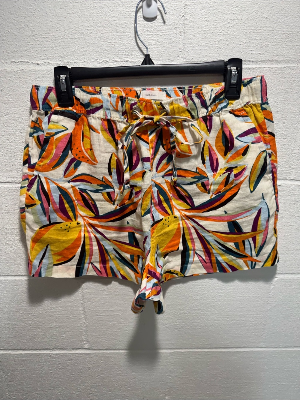 C&C California 100% Linen Tropical Print Drawstring Shorts Women M Boho